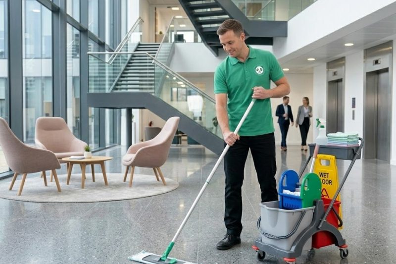 communal area cleaning man in reception area